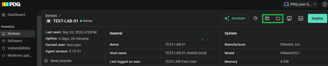 The top of the device page with a green box indicating two of the action buttons in the top right corner
