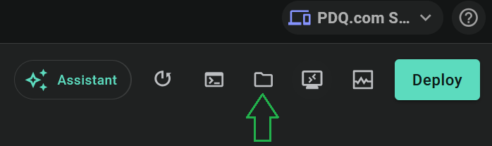 A closeup of the action buttons in the top right corner of the device page, with an arrow indicating the second icon from the left (which resembles a file folder) to Start file explorer