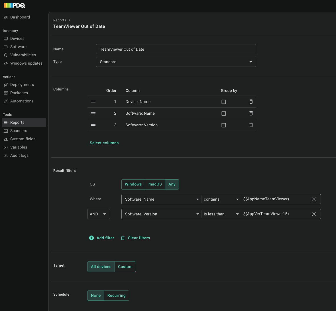 Reports page showing a software report filtered with Software Name and Software Version variables to surface outdated versions.