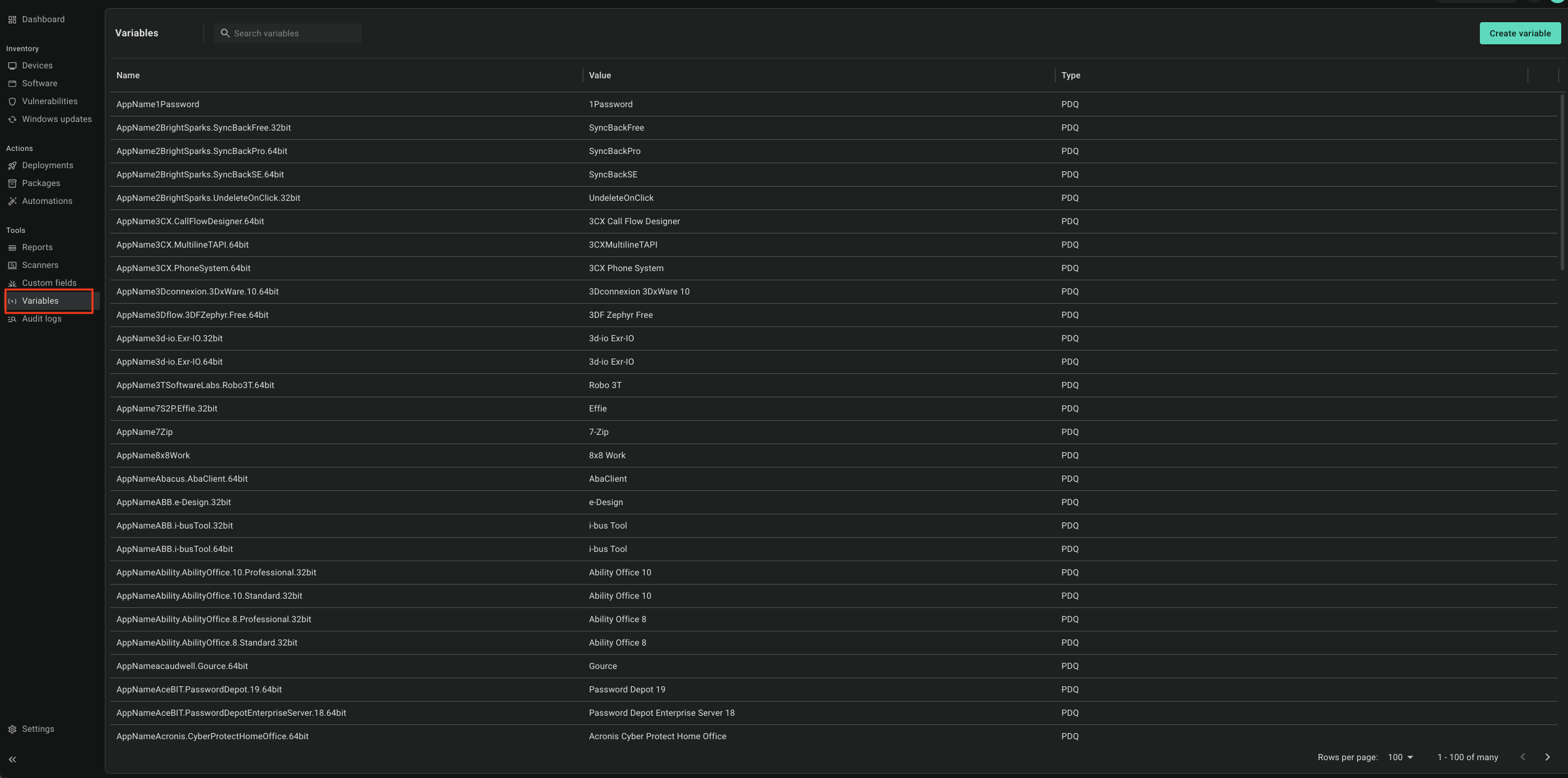 Left navigation in PDQ Connect with Variables highlighted, showing the Variables list page with Name, Value, and Type columns for the built-in PDQ variables.