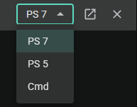 Live Shell controls available in the top right corner of a Windows endpoint. Shell selector: PS 7, PS 5, Cmd. Arrow icon to pop out in new tab. X icon to end the session.