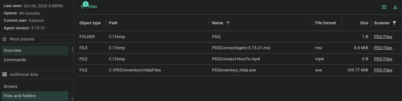 Files and folders tab for a device listing four results from the PDQ Files scanner: the folder C:\Temp\PDQ and the files PDQConnectAgent-5.15.31.msi, PDQConnect-HowTo.mp4, and PDQInventory_Help.exe. Columns show object type, path, name, file format, size, and scanner