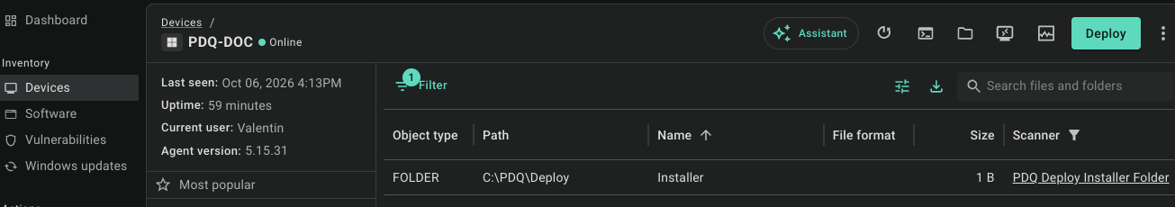Files and folders tab for a device showing one result: the folder Installer in C:\PDQ\Deploy, size 1 B, found by the PDQ Deploy Installer Folder scanner.