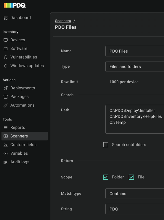 Scanner configuration page for a Files and folders scanner named PDQ Files. Three paths are entered, Search subfolders is cleared, Scope has Folder and File selected, Match type is Contains, and String is PDQ.