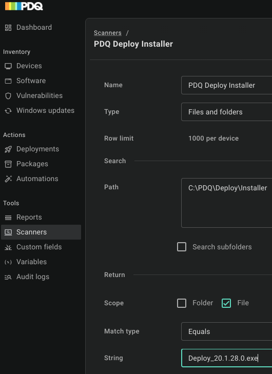 Scanner configuration page for a Files and folders scanner named PDQ Deploy Installer. Path is C:\PDQ\Deploy\Installer, Scope has only File selected, Match type is Equals, and String is Deploy_20.1.28.0.exe.