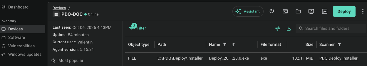 Files and folders tab for a device showing one result: the file Deploy_20.1.28.0.exe in C:\PDQ\Deploy\Installer, file format exe, size 102.11 MiB, found by the PDQ Deploy Installer scanner.