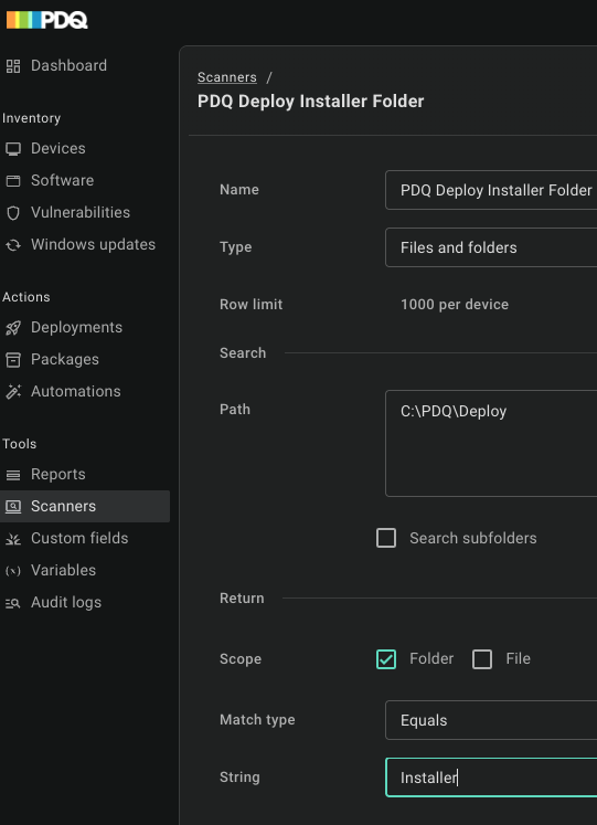 Scanner configuration page for a Files and folders scanner named PDQ Deploy Installer Folder. Path is C:\PDQ\Deploy, Scope has only Folder selected, Match type is Equals, and String is Installer.