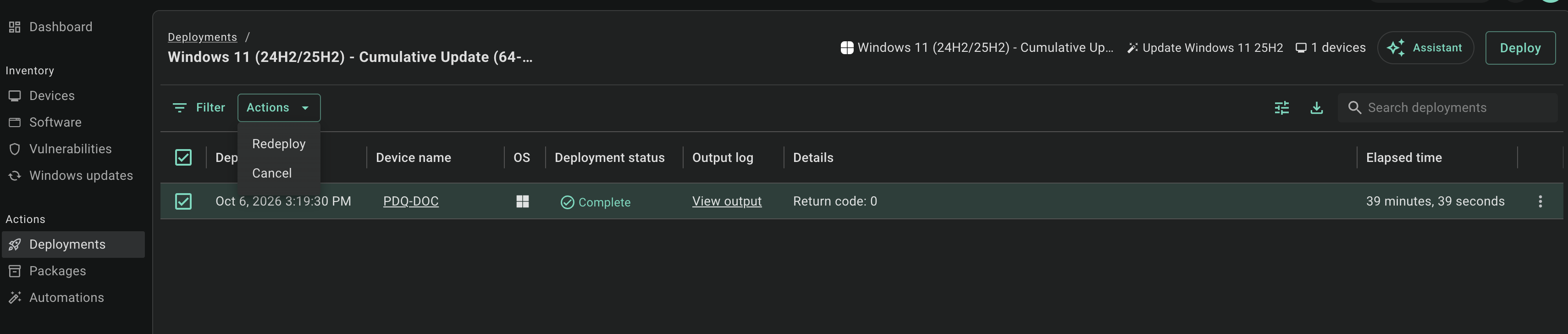 Deployment instance page with the Actions menu open, showing Redeploy and Cancel. The table lists one device with a Complete status, a View output link in the Output log column, and Return code: 0 in the Details column.