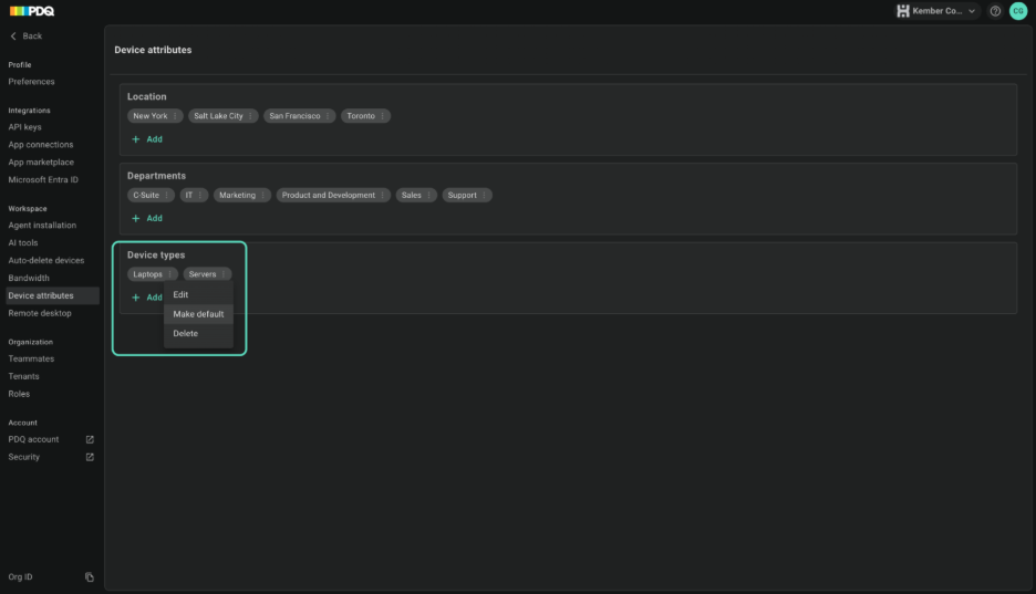 The 3-dot menu open on the Servers value under Device types, showing the Edit, Make default, and Delete options.