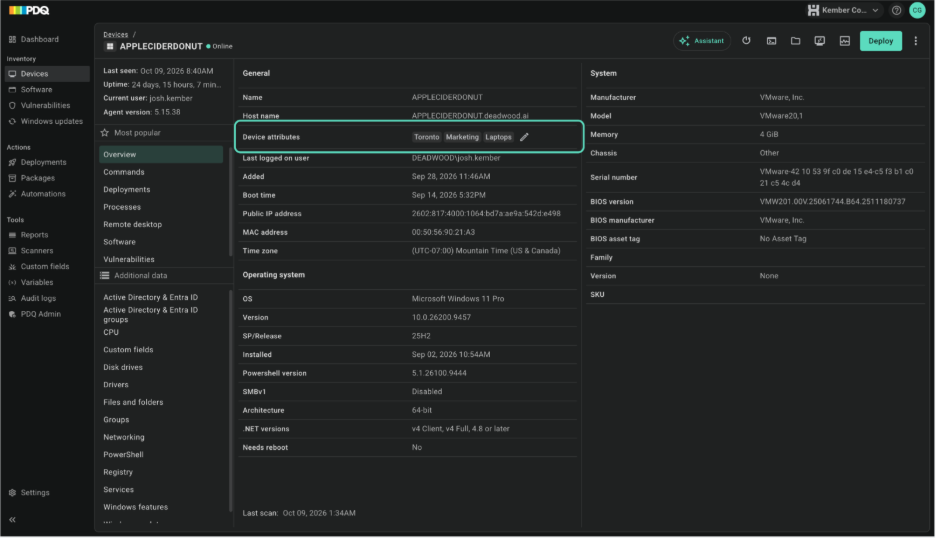 A device's Overview page with the Device attributes field highlighted, showing three assigned values and a pencil icon to edit them.