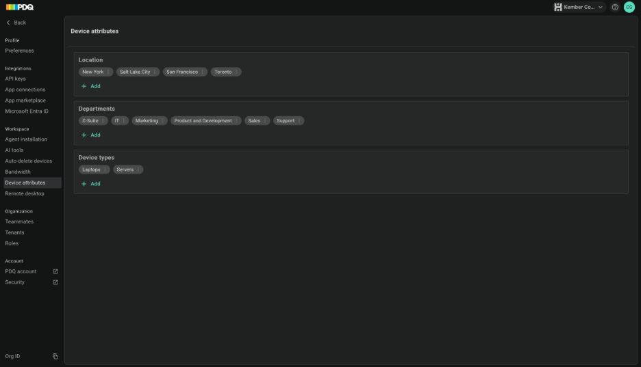 The Device attributes page in Settings, showing the Location, Departments, and Device types categories, each with a list of values and a + Add button.