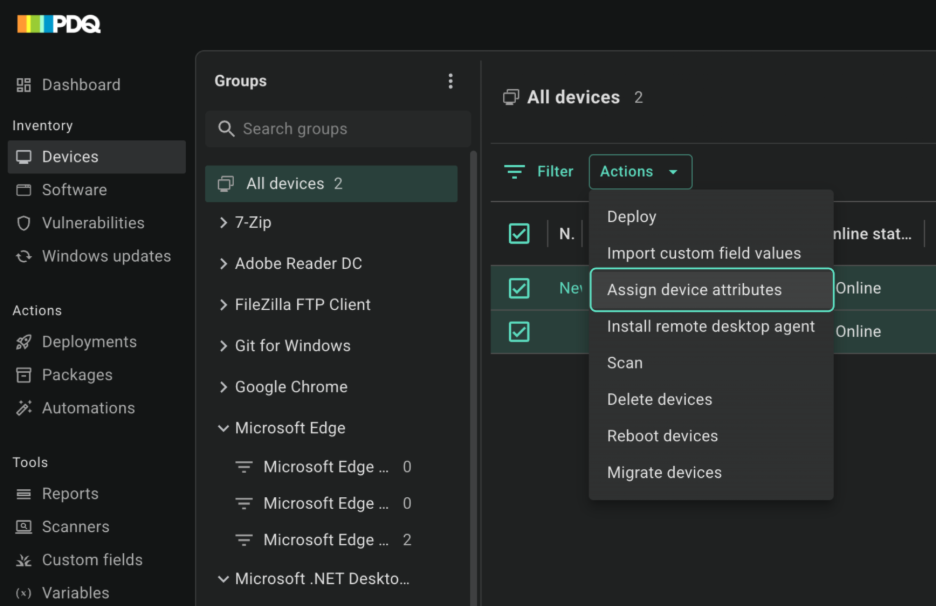The Actions menu open on the All devices list, with Assign device attributes highlighted.