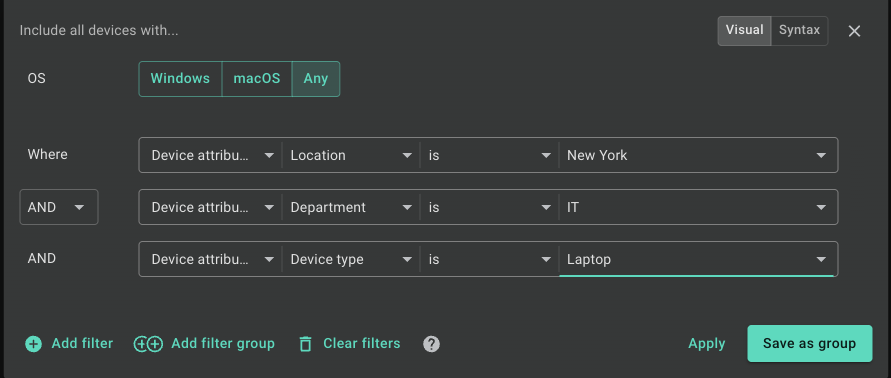 The group filter editor with three Device attributes conditions joined by AND: Location is New York, Department is IT, and Device type is Laptop. The Apply and Save as group buttons are at the bottom right.